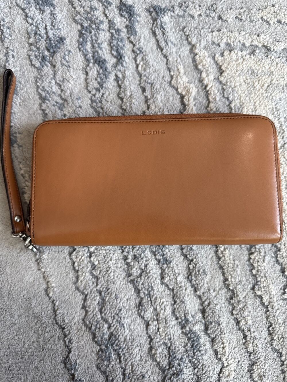 LODIS Tan Leather Zip Around Wristlet Clutch Wallet